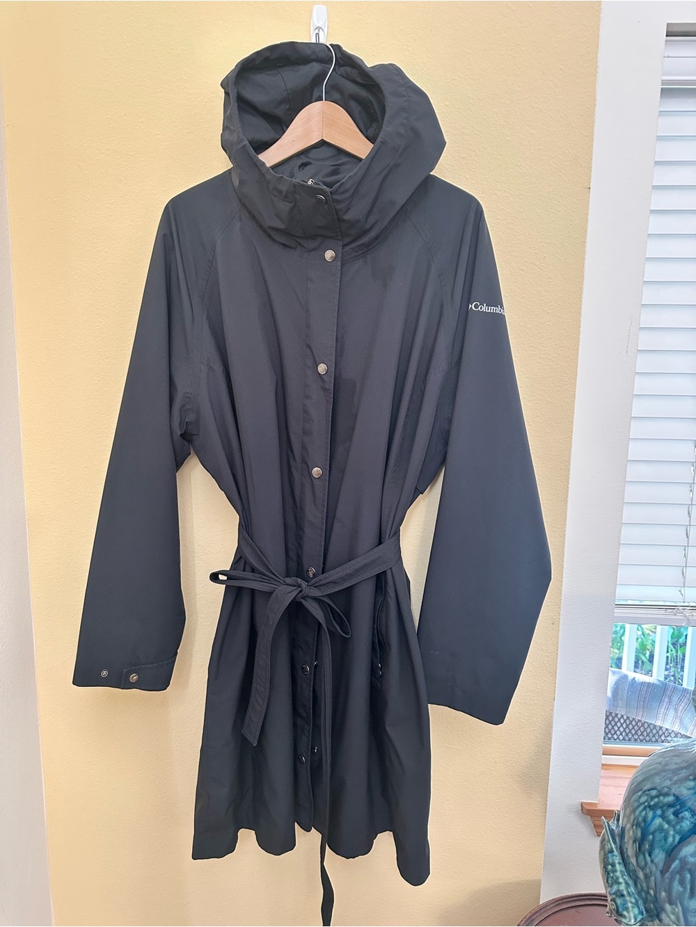 Columbia Black Hooded Trench with Self-Tie Belt